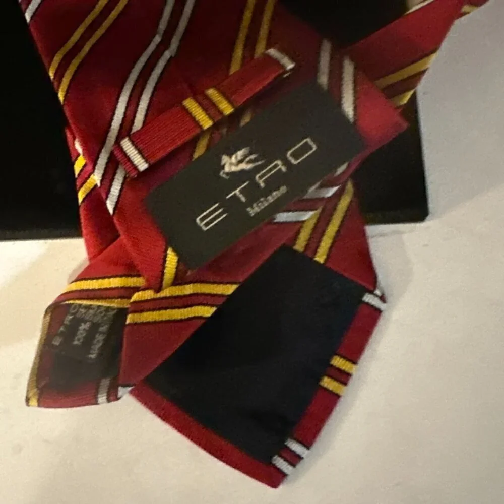 Etro Red Yellow White Silk Tie Diagonal Striped Stripes Luxury Business Formal